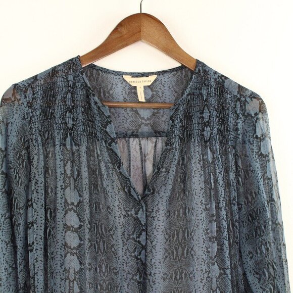 Rebecca Taylor Python Print Silk Chiffon Blouse‎ Blue 6 - Picture 3 of 9